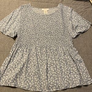 White and blue floral shirt